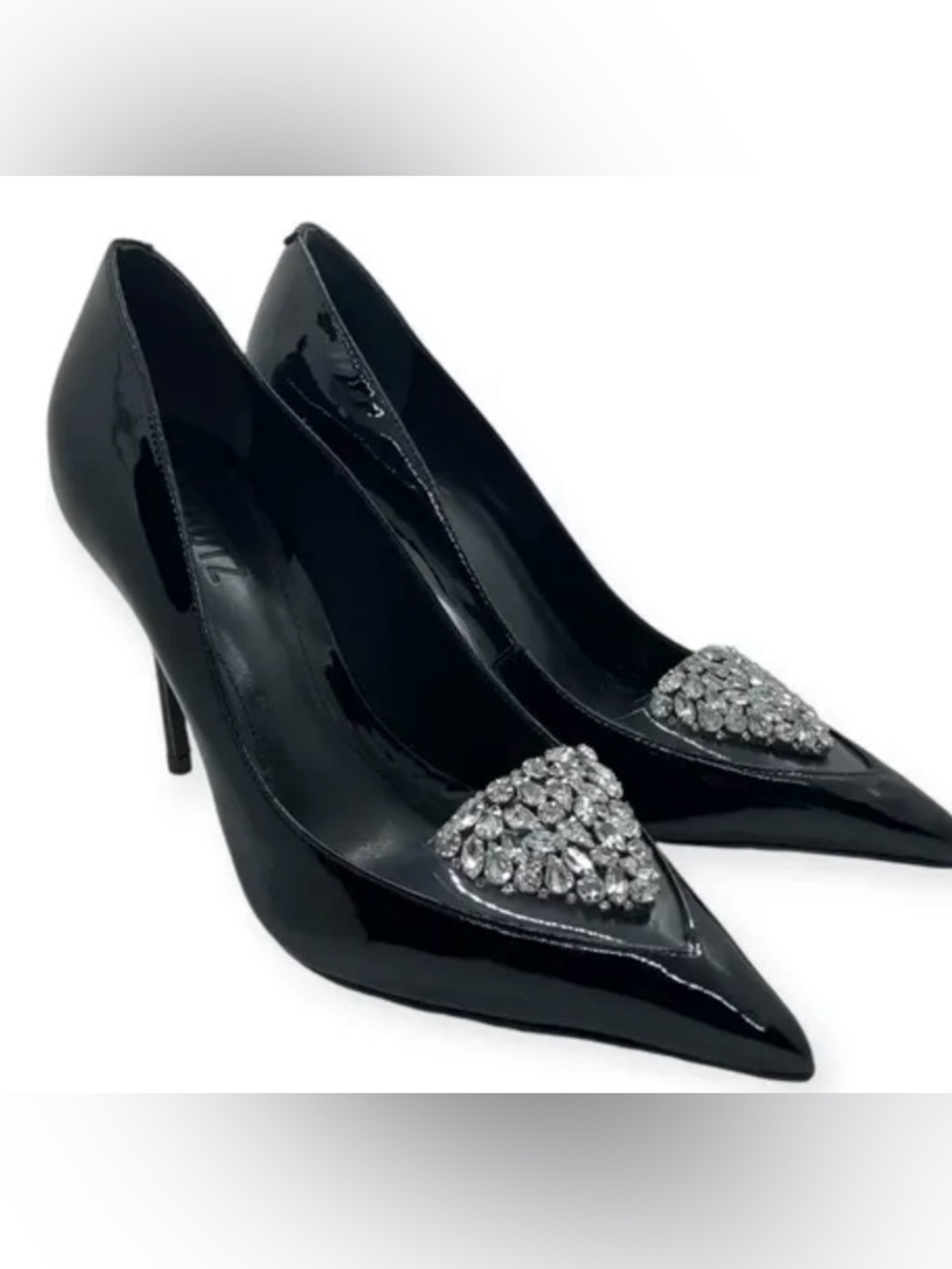 SCHUTZ Black Patent Pointed Toe Pumps with Crystal Teardrop Accent